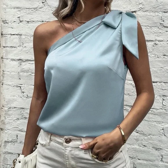 Satin silky one shoulder bow blouse tank top light pink - Picture 5 of 11